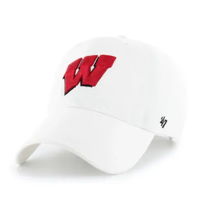 Angled front view of '47 Wisconsin Badgers white Clean Up hat with raised red W embroidery