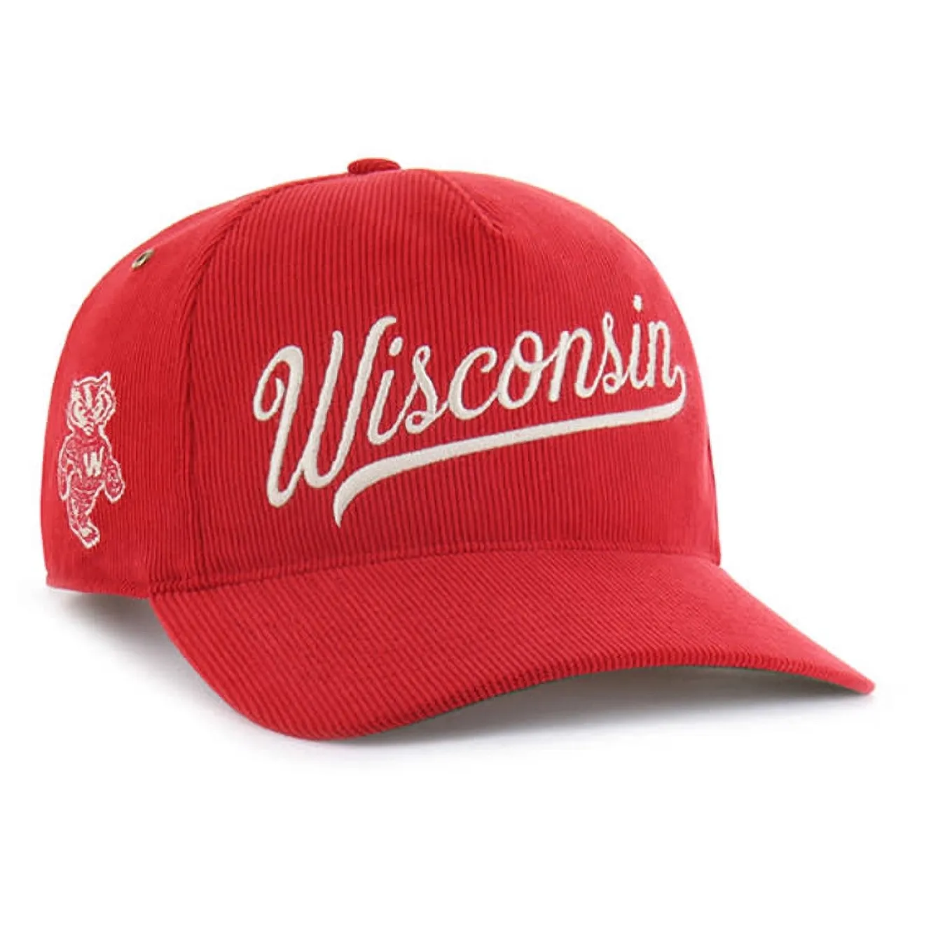 Front view of '47 Wisconsin red corduroy strapback with script wordmark and Bucky side embroidery