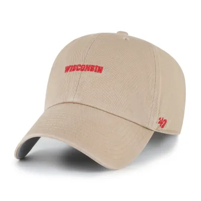 Front view of '47 Wisconsin Badgers khaki Clean Up hat with red Wisconsin script embroidery