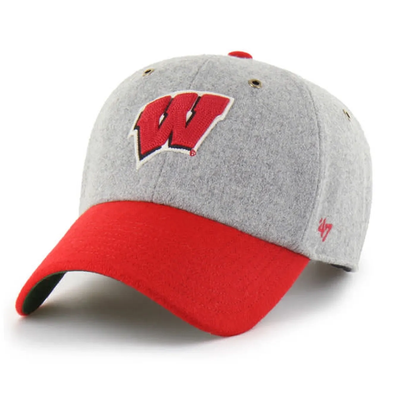 Angled front view of '47 Wisconsin Badgers Golden Age grey hat with red contrast visor