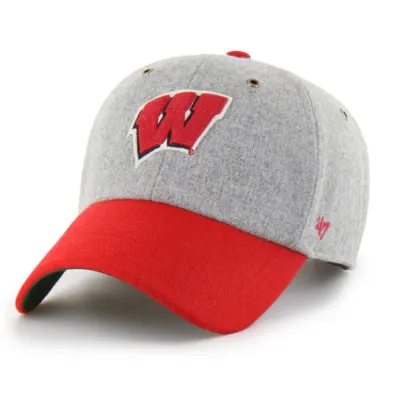 Angled front view of '47 Wisconsin Badgers Golden Age grey hat with red contrast visor