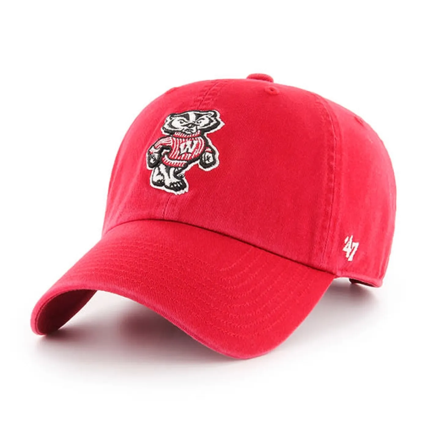 Angled front view of '47 Wisconsin Badgers red Clean Up hat with embroidered Bucky Badger mascot