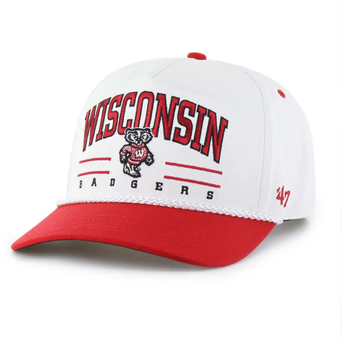 Angled view of '47 Wisconsin Badgers white Hitch hat with red visor, Bucky graphic and rope detail