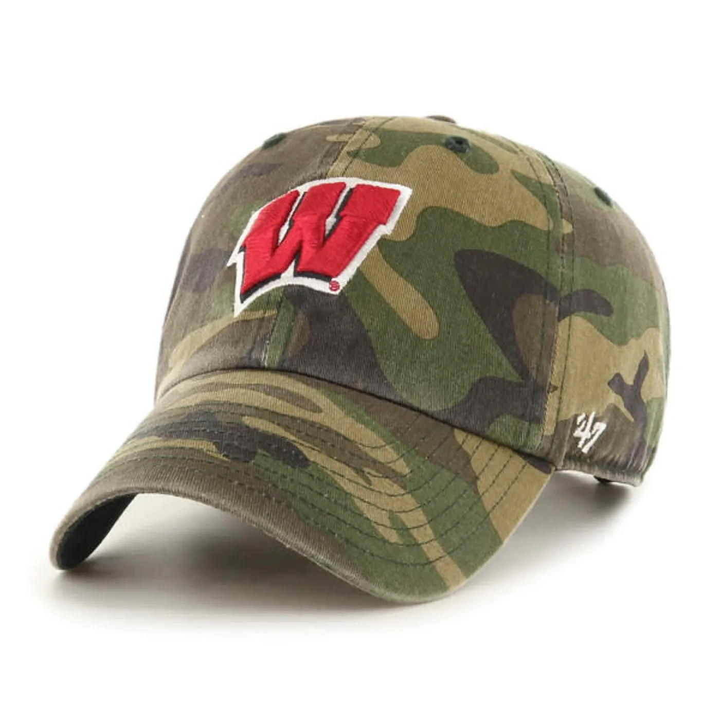 Front view of '47 Wisconsin Badgers camo Clean Up hat with raised red and white W embroidery
