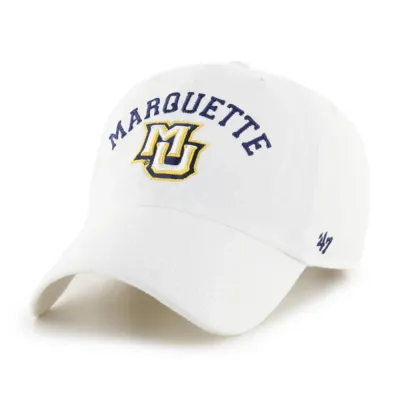 Angled view of '47 Marquette Golden Eagles white Clean Up hat with embroidered Marquette and MU logo