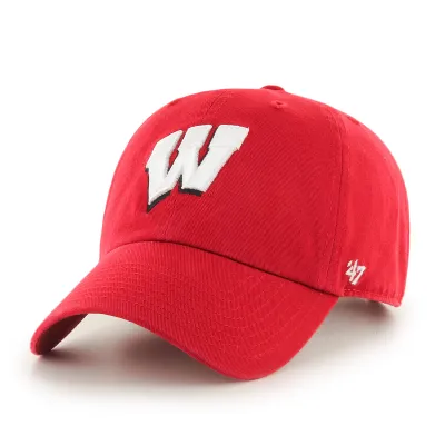 Angled front view of '47 Wisconsin Badgers red hat with raised white W embroidery