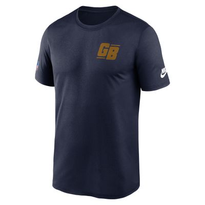 Front view of navy Nike Packers tee with gold alternate GB chest logo and Nike and NFL sleeve graphics.