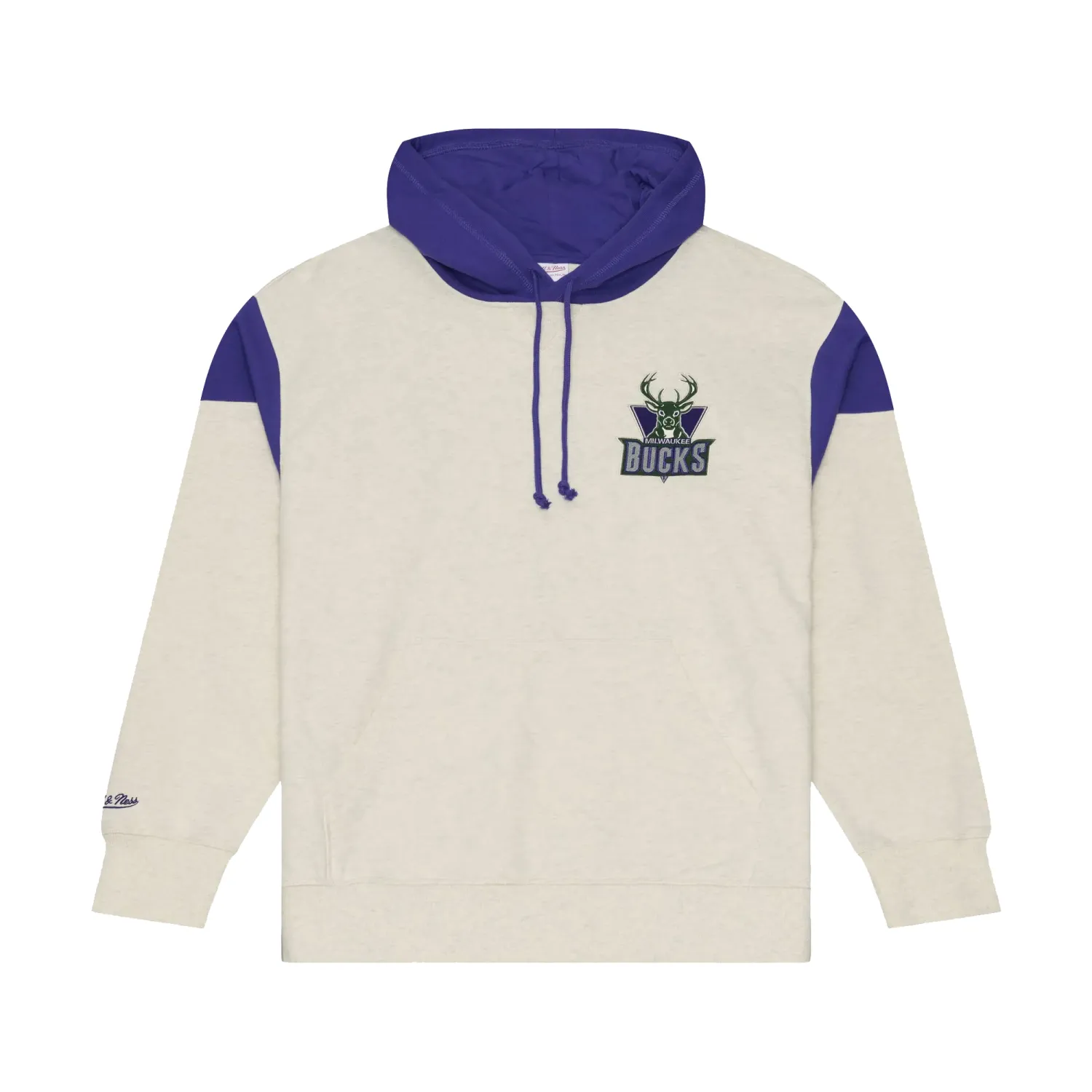 Front view of Mitchell &amp; Ness Milwaukee Bucks Retro Roots French Terry Hoodie in cream and purple