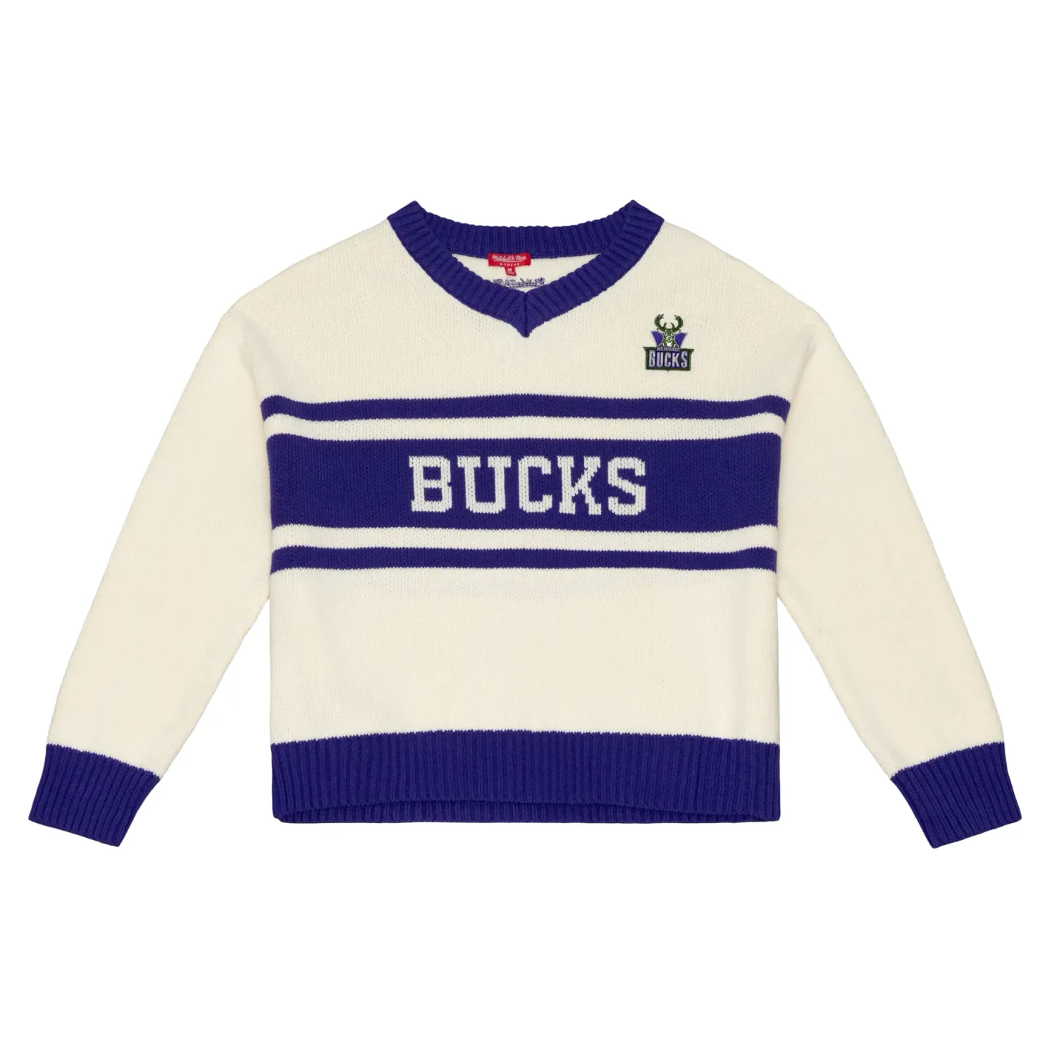 Front view of the cream Bucks V-neck sweater with purple striping, knit wordmark and embroidered chest logo.