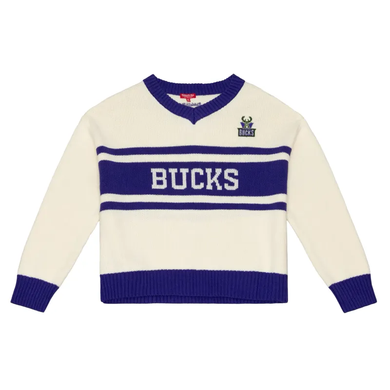 Front view of the cream Bucks V-neck sweater with purple striping, knit wordmark and embroidered chest logo.