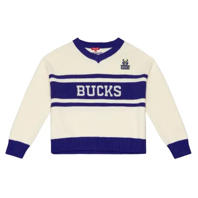 Front view of the cream Bucks V-neck sweater with purple striping, knit wordmark and embroidered chest logo.