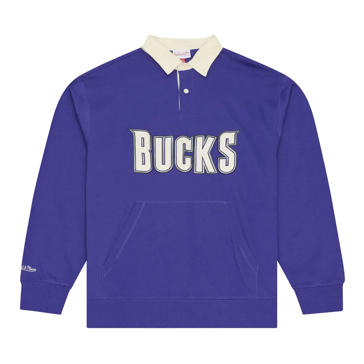 Front view of Mitchell &amp; Ness Milwaukee Bucks Retro Roots French Terry Polo Sweatshirt in purple