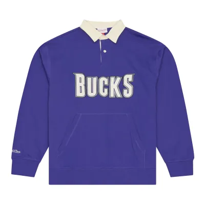 Front view of Mitchell &amp; Ness Milwaukee Bucks Retro Roots French Terry Polo Sweatshirt in purple