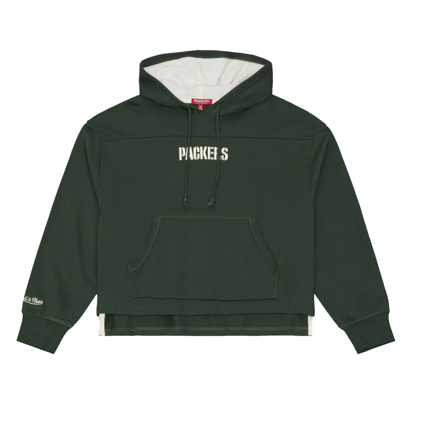 Front view of Mitchell &amp; Ness Packers women's Retro Roots French Terry Cropped Hoodie in green