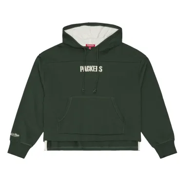 Front view of Mitchell &amp; Ness Packers women's Retro Roots French Terry Cropped Hoodie in green