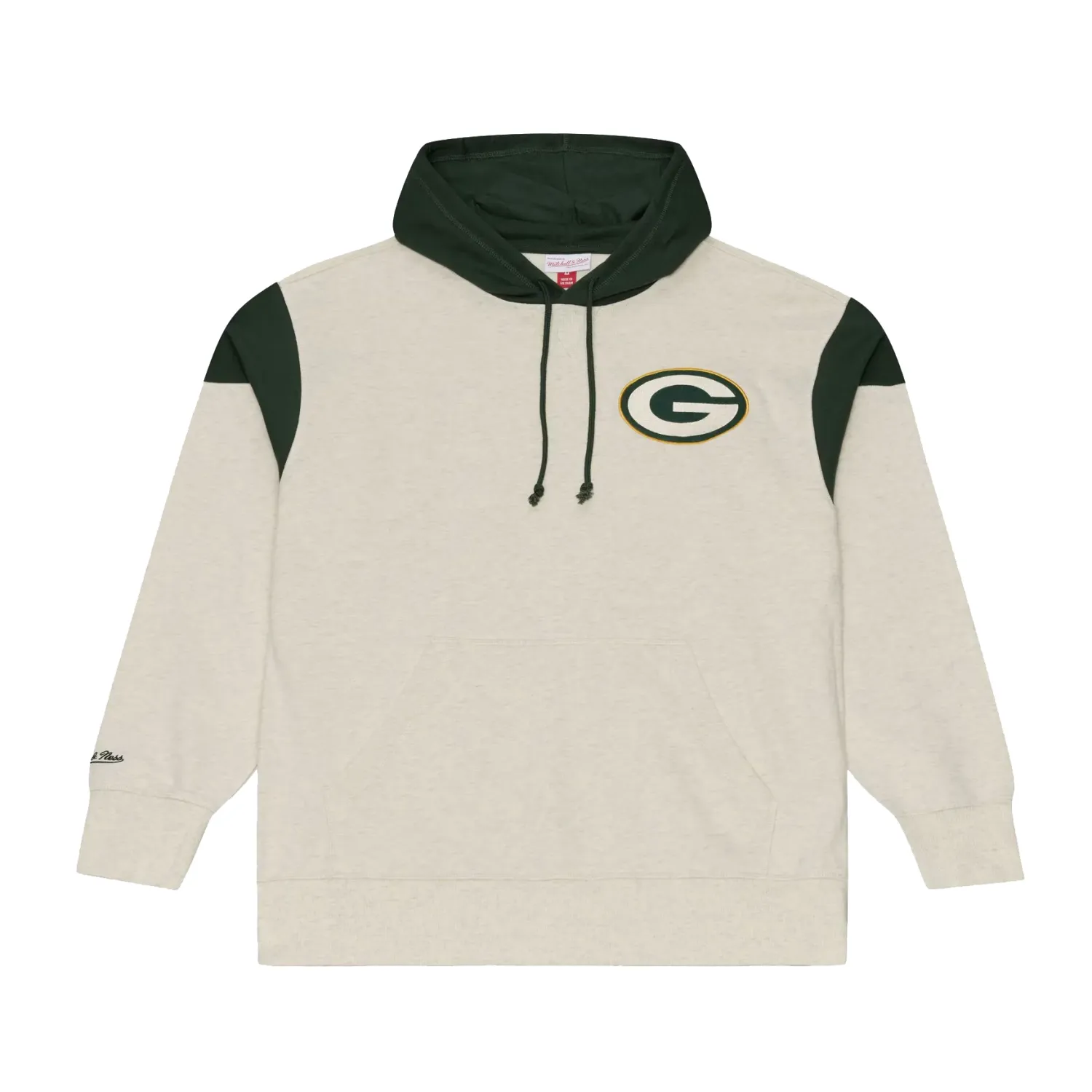 Front view of Mitchell &amp; Ness Green Bay Packers Retro Roots French Terry Hoodie in cream