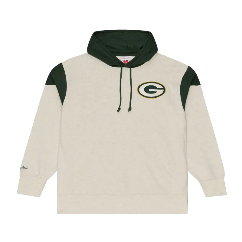 Front view of Mitchell &amp; Ness Green Bay Packers Retro Roots French Terry Hoodie in cream