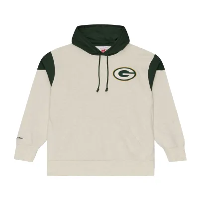 Front view of Mitchell &amp; Ness Green Bay Packers Retro Roots French Terry Hoodie in cream