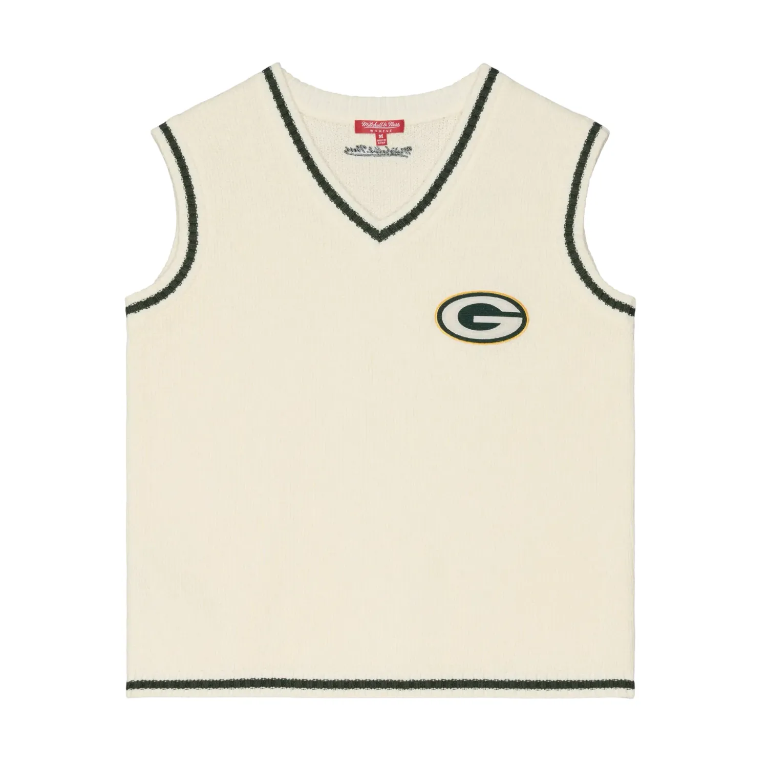 Front view of Mitchell &amp; Ness Green Bay Packers women's Retro Roots Sweater Vest in cream