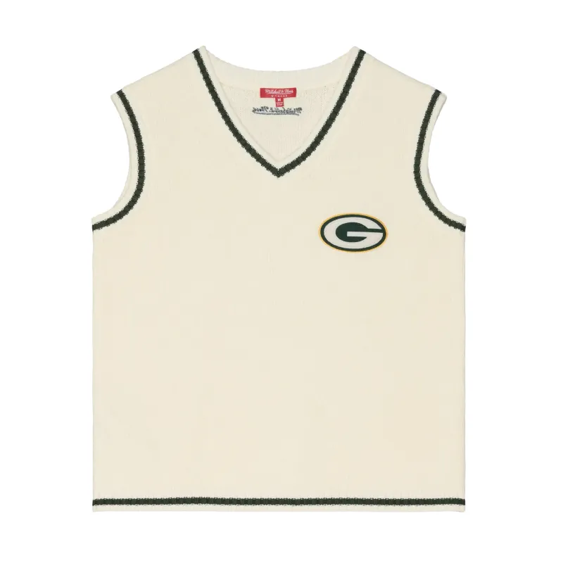 Front view of Mitchell &amp; Ness Green Bay Packers women's Retro Roots Sweater Vest in cream