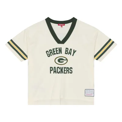 Front view of Mitchell &amp; Ness Packers women's Retro Roots Cropped Boxy Yoke Tee in cream