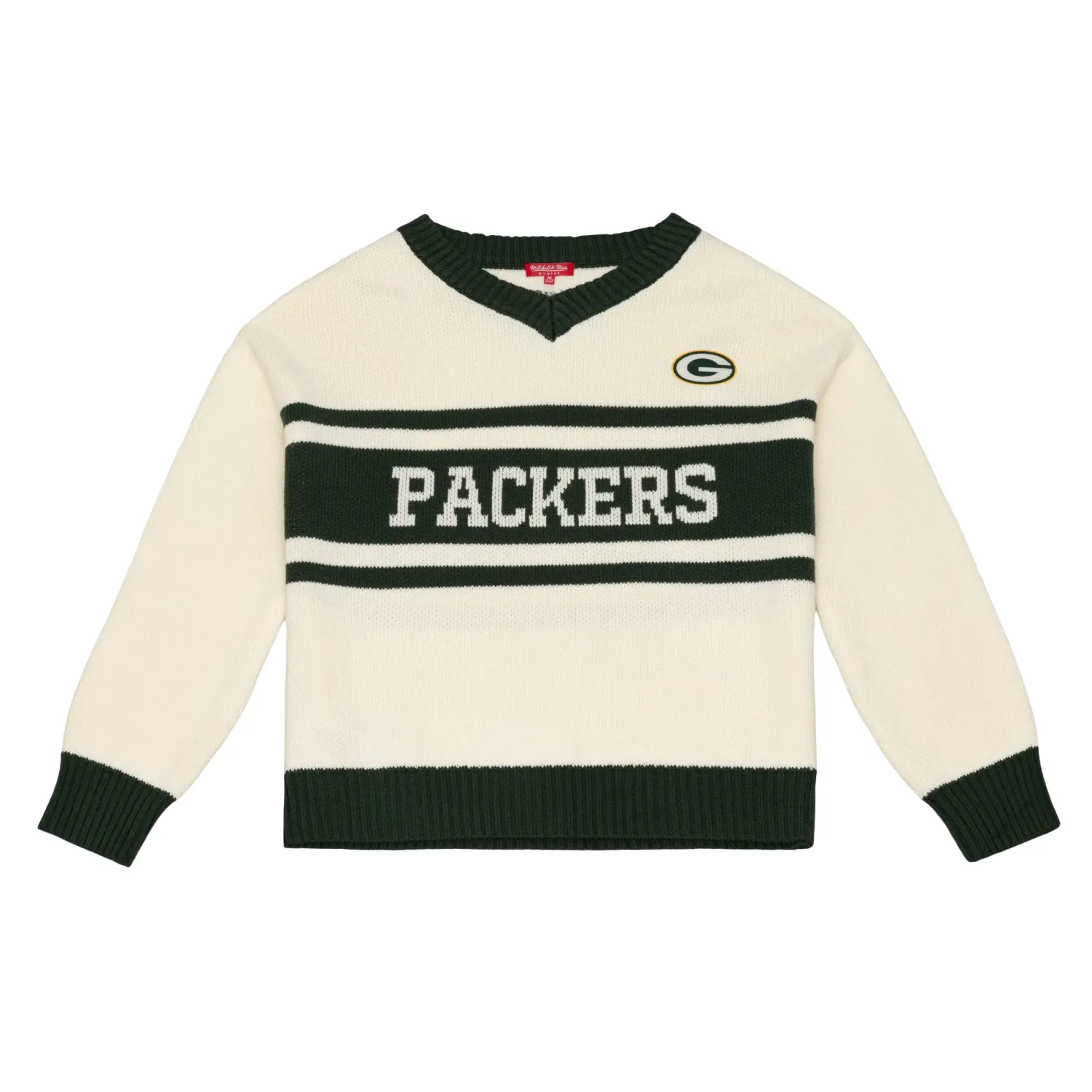 Front view of Mitchell &amp; Ness Green Bay Packers women's Retro Roots V-Neck Sweater in cream and green