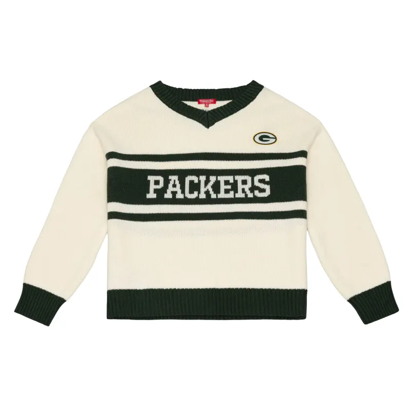 Front view of Mitchell &amp; Ness Green Bay Packers women's Retro Roots V-Neck Sweater in cream and green