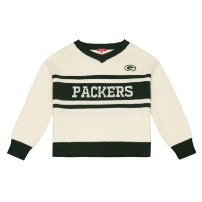 Front view of Mitchell &amp; Ness Green Bay Packers women's Retro Roots V-Neck Sweater in cream and green