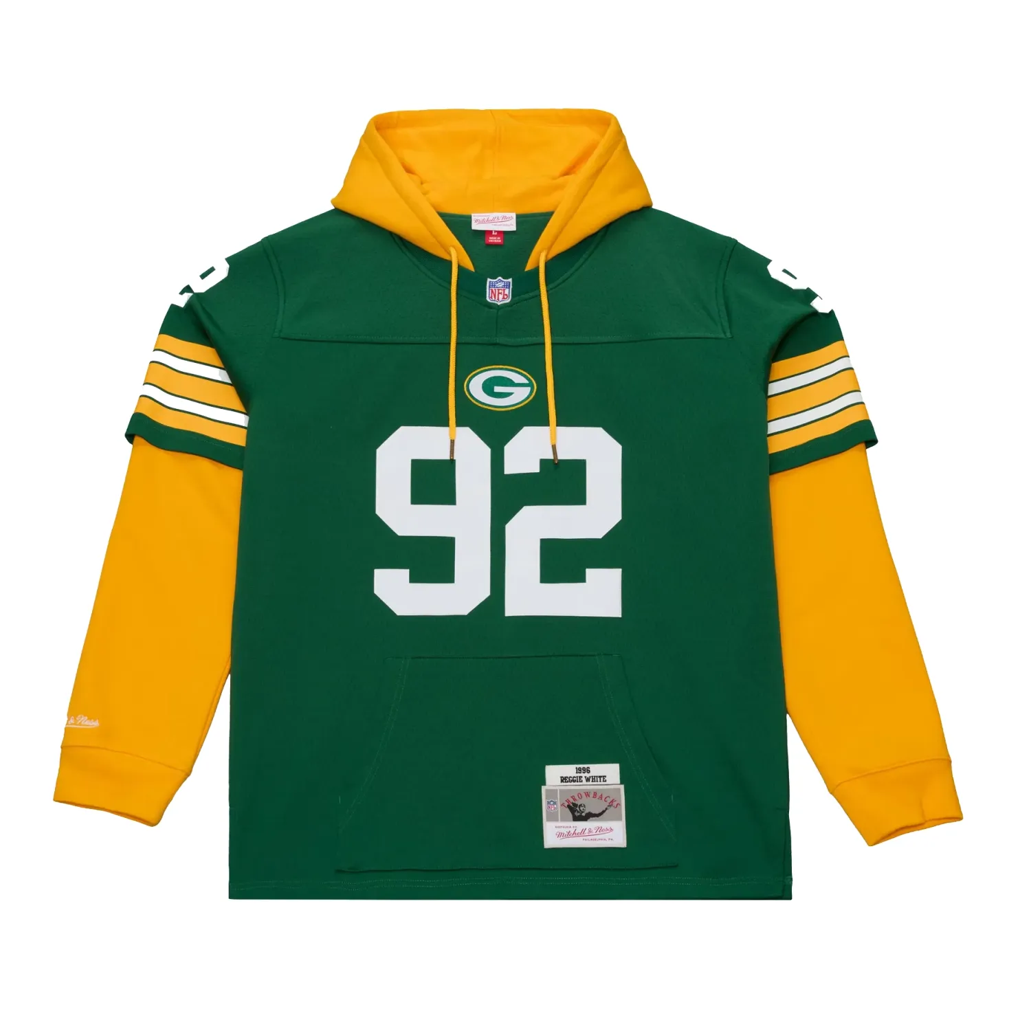 Front view of Mitchell &amp; Ness Packers Reggie White 1996 Jersey Hoodie in green and gold
