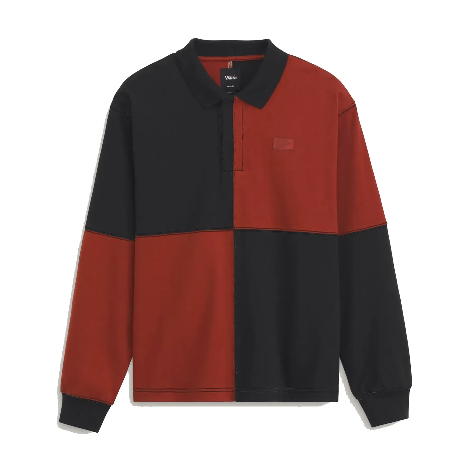 Flat front view of the Vans Check Rugby Knit shirt with red and black checkerboard panels and a black collar.