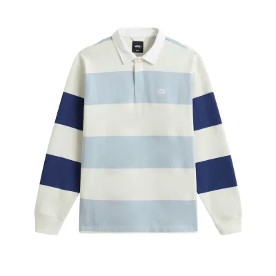 Flat front view of the Vans Ward Stripe Rugby shirt with wide cream and blue stripes, twill collar and chest logo.