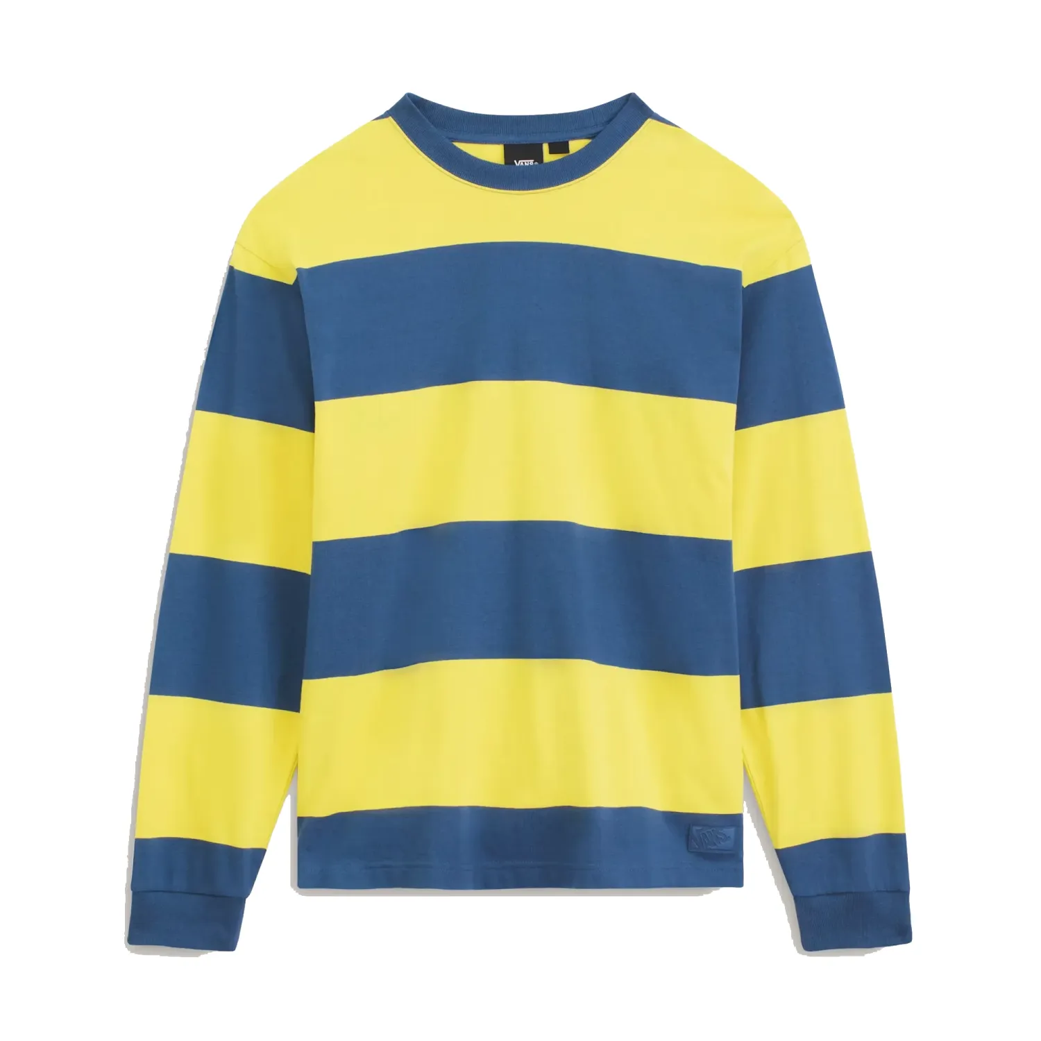 Flat front view of the Vans Rugby Stripe shirt with wide Dusty Gold and blue stripes, crewneck and ribbed cuffs.