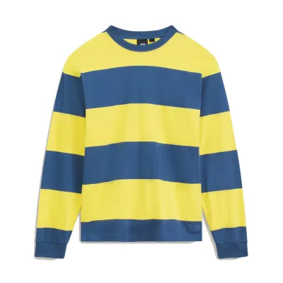Flat front view of the Vans Rugby Stripe shirt with wide Dusty Gold and blue stripes, crewneck and ribbed cuffs.