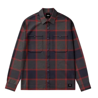 Front view of the Vans Larkspur Flannel with dark navy and red plaid, button closure and dual chest pockets.