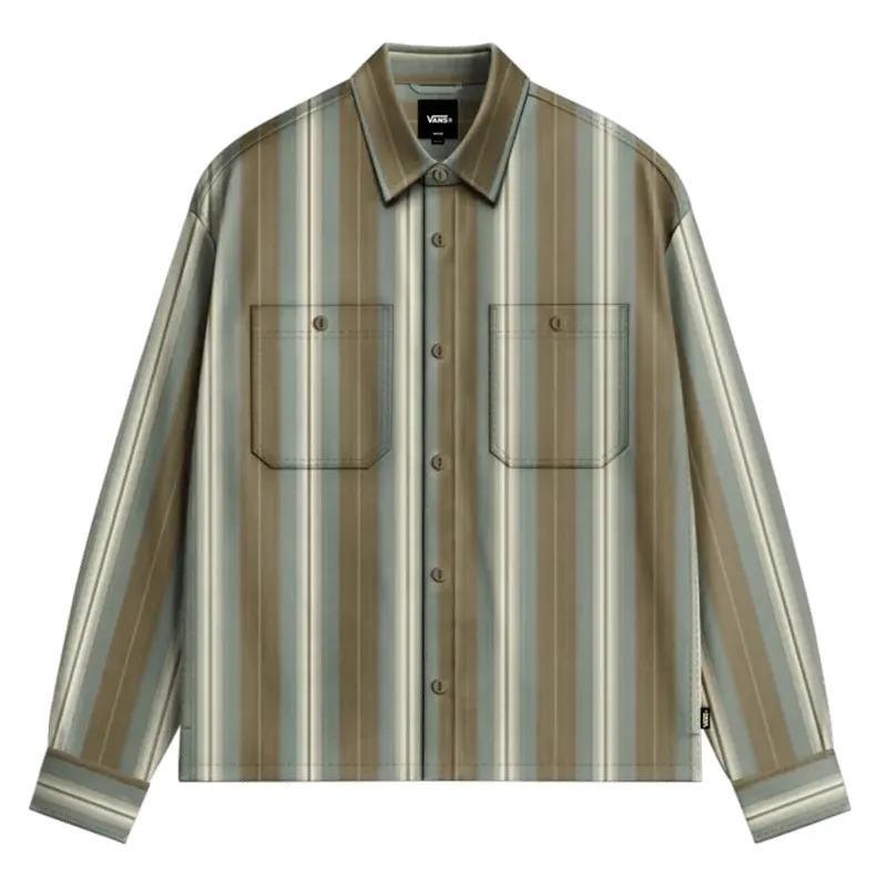 Front view of the Vans Larkspur shirt with muted olive and brown vertical stripes, buttons and dual chest pockets.
