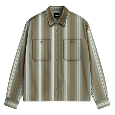 Front view of the Vans Larkspur shirt with muted olive and brown vertical stripes, buttons and dual chest pockets.
