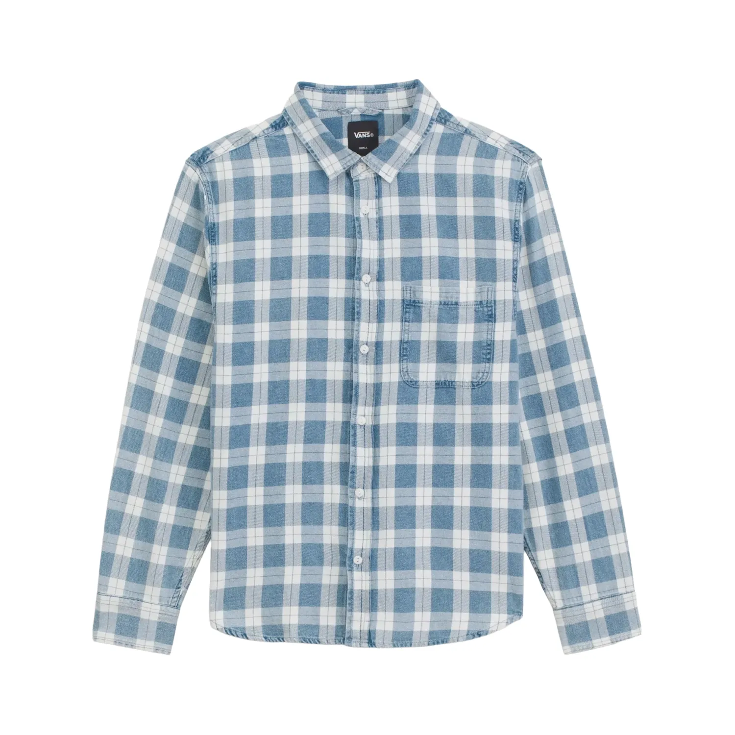 Flat front view of the Vans Lawson shirt with faded blue and white plaid, button closure and chest pocket.