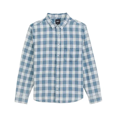 Flat front view of the Vans Lawson shirt with faded blue and white plaid, button closure and chest pocket.