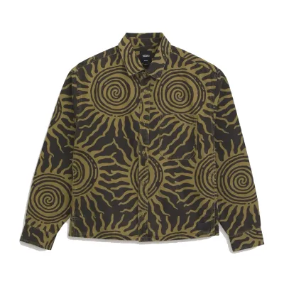 Flat front view of the Vans Martinez Overshirt with an olive and black spiral sun print and chest pocket.
