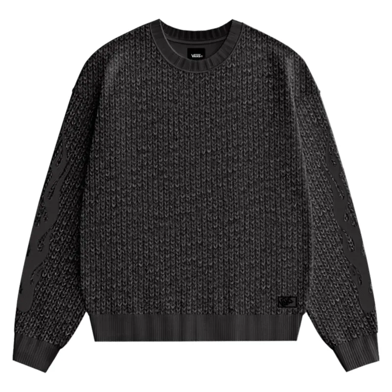 Front view of the black Vans Barrett Crew Sweater with chunky textured knit, tonal sleeve panels and hip logo patch.