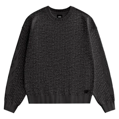 Front view of the black Vans Barrett Crew Sweater with chunky textured knit, tonal sleeve panels and hip logo patch.