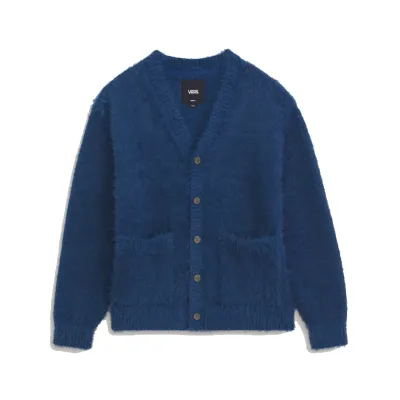 Flat front view of the Vans Harmon Cardigan in fuzzy navy knit with brown buttons and two patch pockets.