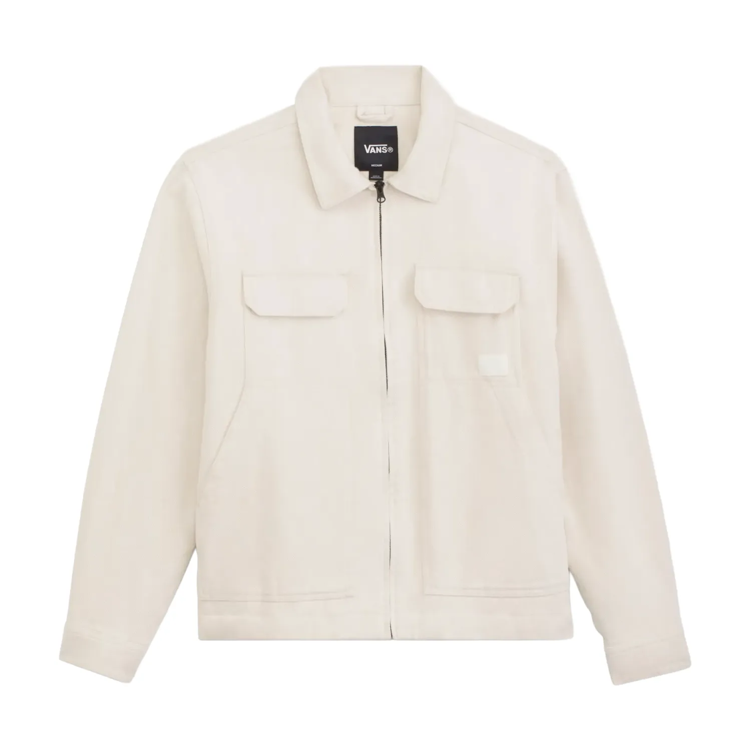 Flat front view of the Vans McAvoy II Jacket in Natural Seed with a full zip and four utility pockets.