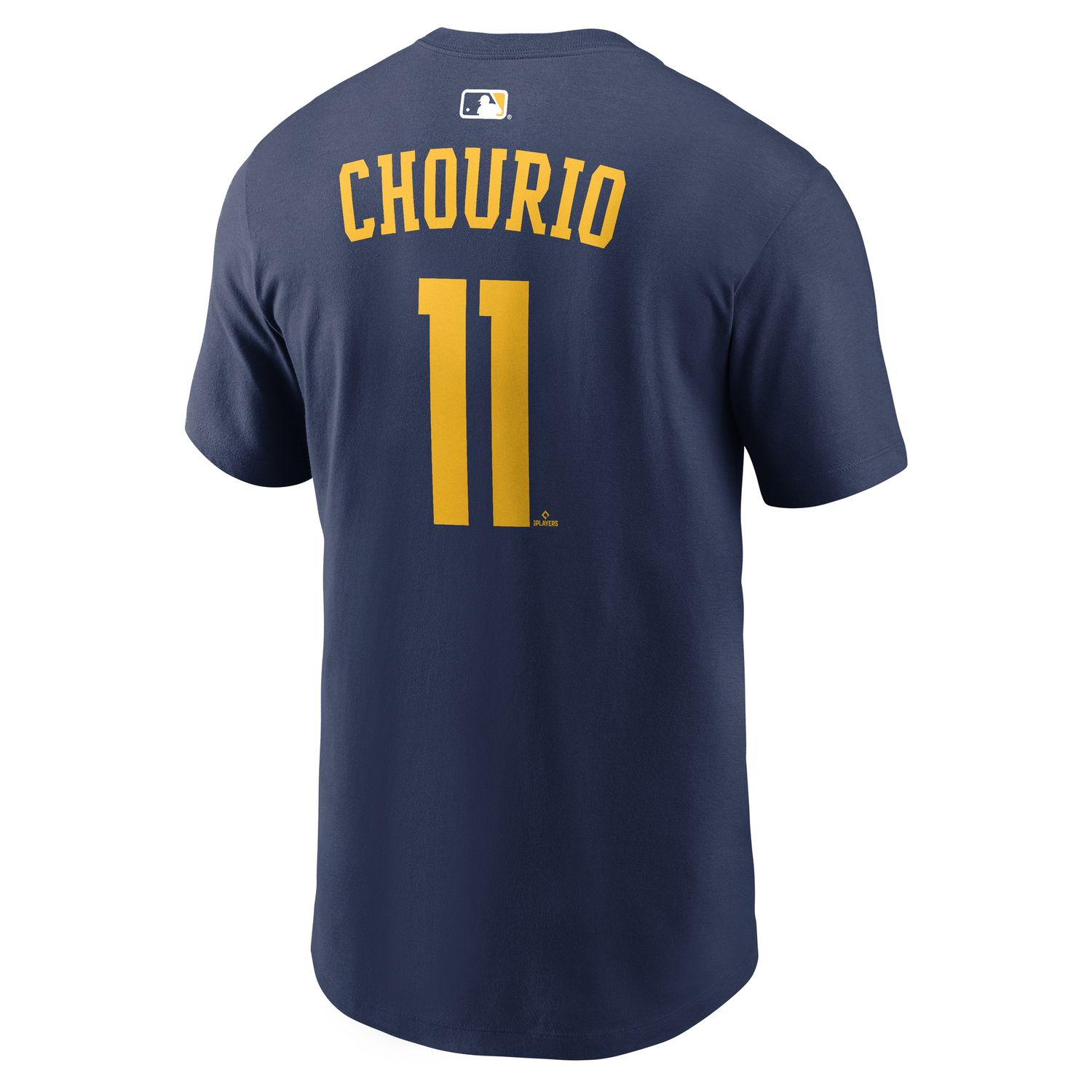 Back view of navy Nike Brewers tee with gold Chourio name, number 11 and MLB logo.