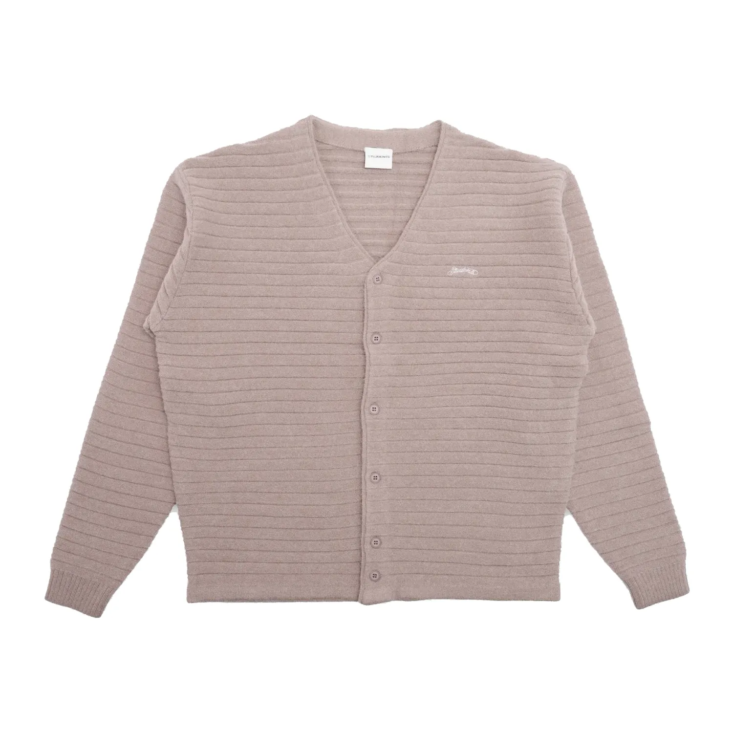 Flat front view of the khaki Students cardigan showing its ribbed texture, V-neck and embroidered chest logo.
