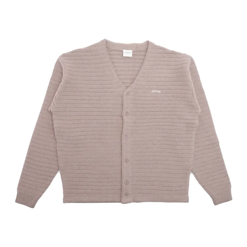 Flat front view of the khaki Students cardigan showing its ribbed texture, V-neck and embroidered chest logo.