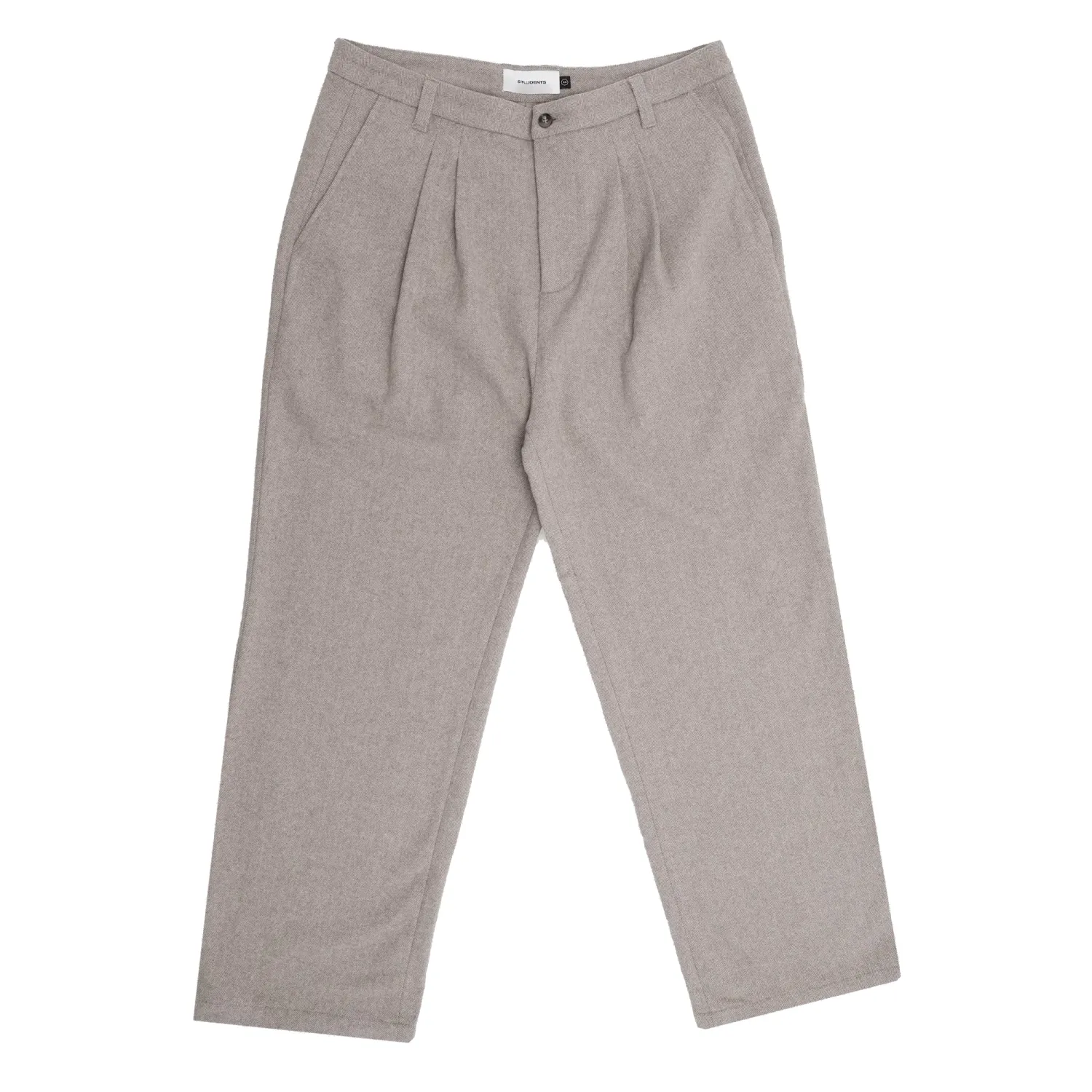 Flat front view of the Cement Students wool pants with double pleats, belt loops and straight legs.