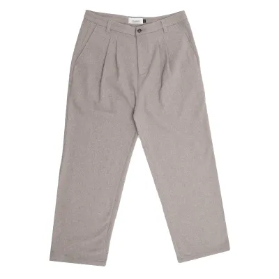 Flat front view of the Cement Students wool pants with double pleats, belt loops and straight legs.