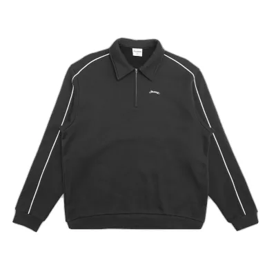 Flat front view of the black Students Del Norte Pullover with a polo collar, quarter zip and white piping.