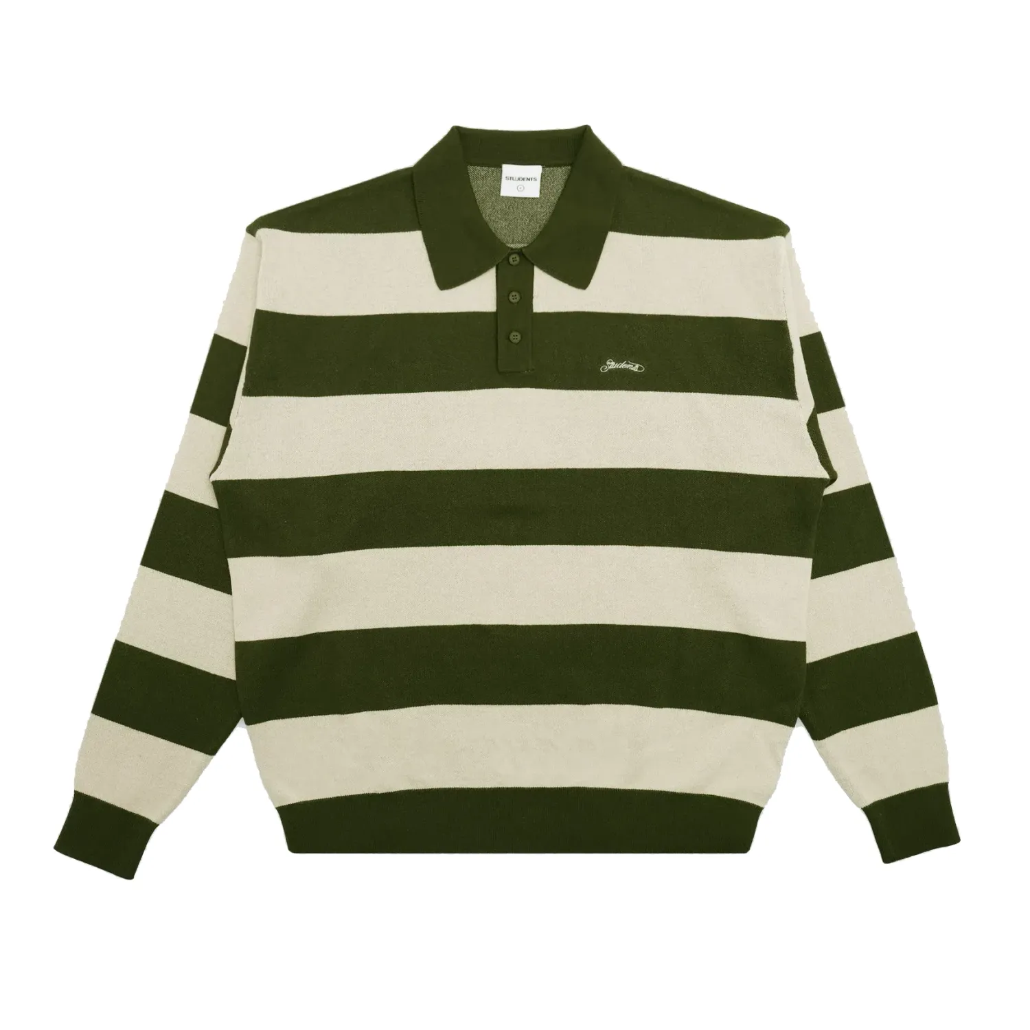 Flat front view of the Students Whittier Knit Polo in khaki green and cream with wide horizontal stripes.